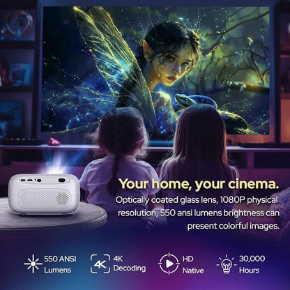 RockTek PJ500 Bright FHD Sealed Projector, Smart OS, FULL HD, Wifi 6, Bluetooth 5.2, 550 ANSI Lumens, 130 inch screen, Auto Keystone, Auto Focus
