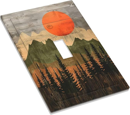 Decorative Light Switch Cover Vintage Wood Grain Sun Forest Mountains 1 Gang Single Toggle Device Electrical Faceplate Switchplates Decorator Outlet Wall Plate for Farmhouse Cabin Decor