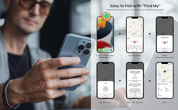 Apple MFI Certified Airtag Tracker Card for Apple Find My, Rechargeable Card, Only 0.07in, Finder with Keychain Hole, Item Locator for for Wallet, Bags