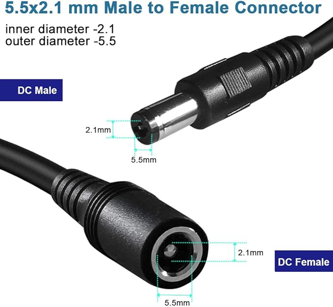 2-Pack 33ft DC Power Extension Cable 5.5mm x 2.1mm 12v DC Extension Cord for Security Camera CCTV IP Surveillance,LED Strip,Power Supply Adapter 5V 9V 24V 12 Volt Male to Female Plug Extender Wire
