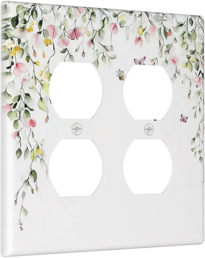 Watercolor Flowers Vine Colorful Butterfly Floral Outlet Covers 2 Gang Double Duplex Decorative Light Switch Covers Electrical Wallplates Socket Faceplate For Bed Room Living Room Decor