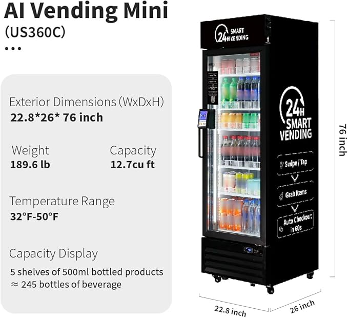 HAHA AI Smart Open-Front Vending Machine - 245-Capacity Commercial Refrigerated Unit for Offices/Schools/Gym, with Contactless Payment, AI Visual Recognition & App Management US360