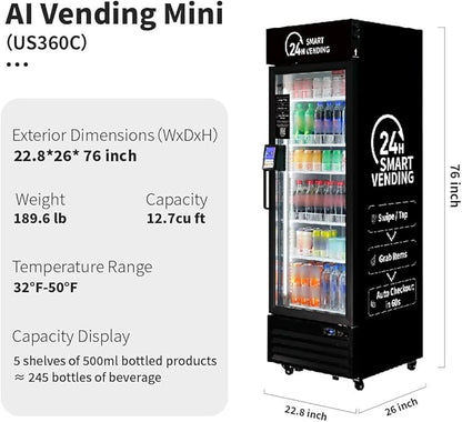 HAHA AI Smart Open-Front Vending Machine - 245-Capacity Commercial Refrigerated Unit for Offices/Schools/Gym, with Contactless Payment, AI Visual Recognition & App Management US360
