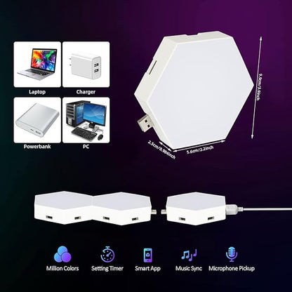 Hexagon Lights Wall Panels, Smart LED Wall Lights with APP, DIY Modular Assembled Music Sync RGB Gaming, Hex Light with USB-Power for Autism, Game Room Decor, Party (6-Pack)