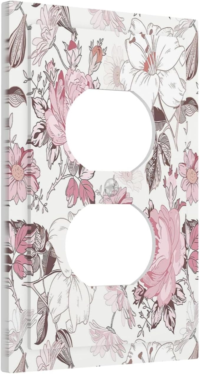 Outlet Covers Modern Watercolor Flower Pink White Wildflower 1 Gang Duplex Electrical Receptacle Faceplate Light Switch Cover Wall Plate Decorative Switch Plates for Bedroom Home Decor