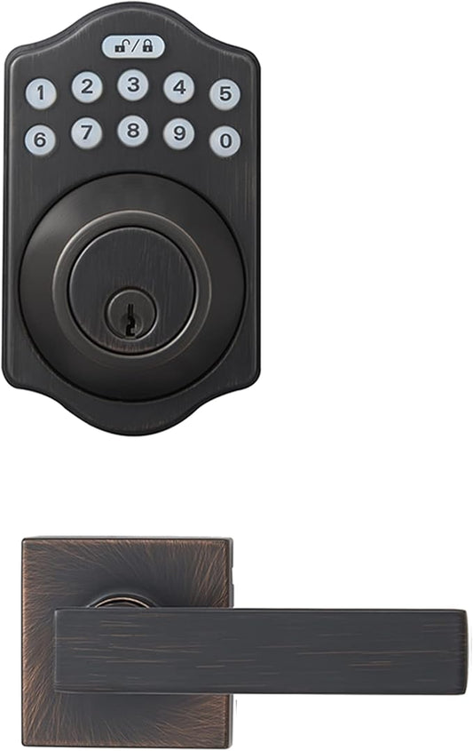 Amazon Basics Traditional Electronic Keypad, Keyless Entry Door Lock Deadbolt with Handle Set, Key Pad Front Door with Knob, Traditional Door Locks for Front Door Handle, Oil Rubbed Bronze, 6-Pack