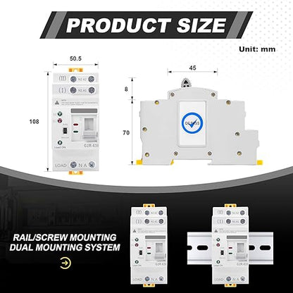 Automatic/Manual Transfer Switch 63Amp 110V, Mini ATS 2Pole AC G2R Solar Auto Dual Power Changeover Switch for Home Generator, Din Rail Mounted 50/60Hz CE Certified for Rv, Lv, Cn Public/Backup Power
