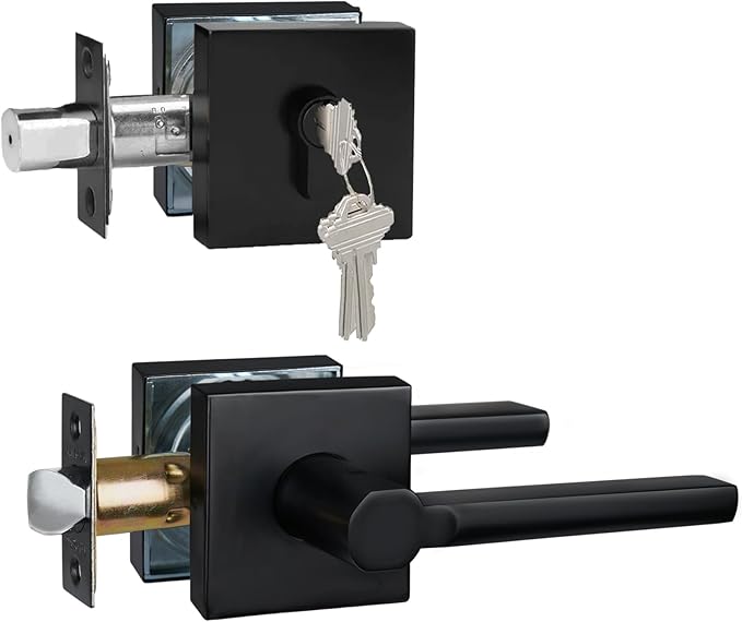 1 Set Passage Door Lever and Single Cylinder Deadbolt Lock Set, Heavy Duty Square Handle for Entrance and Front Door, Matte Black