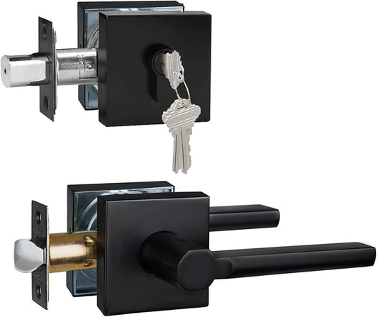 1 Set Passage Door Lever and Single Cylinder Deadbolt Lock Set, Heavy Duty Square Handle for Entrance and Front Door, Matte Black