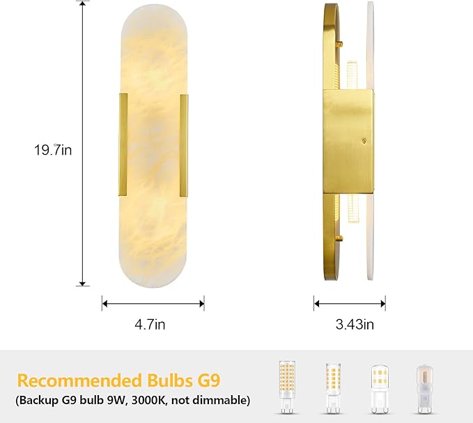 Brass Alabaster Wall Sconce, Modern Natural Marble Wall Sconces for Indoor Lighting, 19.7 in Gold Wall Lights for Bathroom Dining Room Stairs Bedroom (1-Pack)