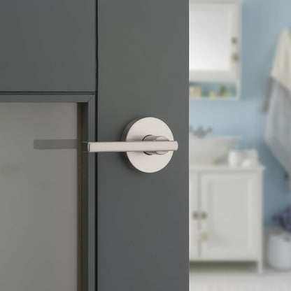 Kwikset Halifax Interior Privacy Door Handle with Lock, Round Lever for Bathroom and Bedroom, Satin Nickel Reversible Keyless Push Button Lock Door Lever, with Microban Protection
