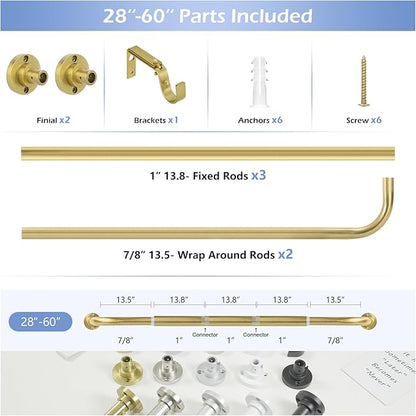 Gold Wrap Around Curtain Rods 28 to 60 Inch:Blackout Heavy duty Adjustable Window Curtain Rod for Bedroom,Industrial Darkening Curved French Metal Single Drapery Rods Easy Install,Brushed Gold