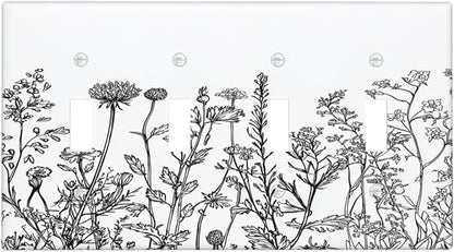 Light Switch Covers Floral Wildflower Rustic Plant Leaves Quad Toggle Electrical Faceplate 4 Gang Wall Plate Decorative Switch Plates For Farmhouse Cabin Decor