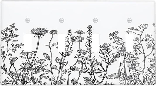 Light Switch Covers Floral Wildflower Rustic Plant Leaves Quad Toggle Electrical Faceplate 4 Gang Wall Plate Decorative Switch Plates For Farmhouse Cabin Decor
