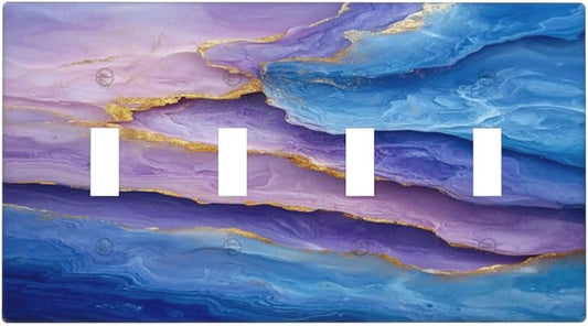 Decorative Light Switch Plate Covers Abstract Blue Purple Gold Marble Texture 4 Gang Light Switch Cover Plate Quad Toggle Wall Plate Outlet Covers Faceplate for Bathroon Kitchen Decor