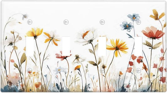 Watercolor Wildflower Colorful Floral Plant Light Switch Covers Quad Toggle Electrical Faceplate 4 Gang Wall Plate Decorative Switch Plates for Bed Room Living Room Decor