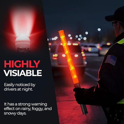 RoadHero 2 Pack Traffic Wand, 21 Inch Led Traffic Control Wands with 2 Flashing Modes, Safety Light Baton with Side Clip for Airport, Parking, Car Directing