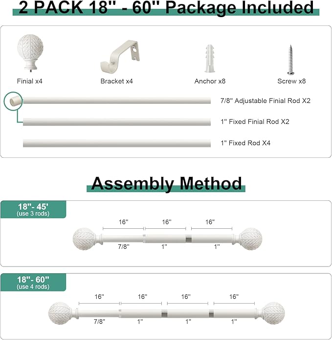 2 Pack Antique White Ball Curtain Rods for Windows 28 to 48 Inch,1 Inch Heavy Duty Adjustable Curtain Rod,Boho Decorative Drapery Rods Set with Brackets,Size:18''-60''