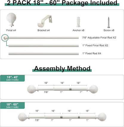 2 Pack Antique White Ball Curtain Rods for Windows 28 to 48 Inch,1 Inch Heavy Duty Adjustable Curtain Rod,Boho Decorative Drapery Rods Set with Brackets,Size:18''-60''