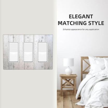 Rustic White Grey Wood Grain Light Switch Covers 3 Gang Rocker Decorative Triple Outlet Wall Plate Cover Electrical GFCI Switchplate for Bedroom Bathroom Decor