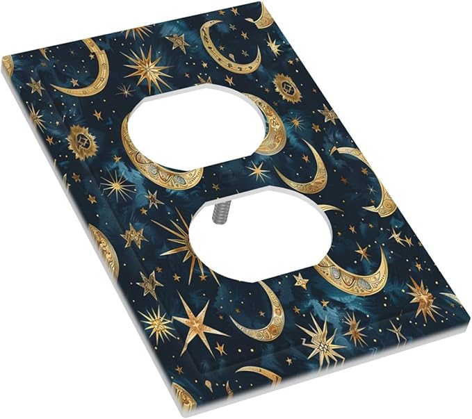 Outlet Covers Modern Abstract Sky Blue Gold Moon Sun Star 1 Gang Duplex Wall Plate Decorative Switch Plates Electrical Receptacle Faceplate Light Switch Cover for Bedroom Kids room Decor