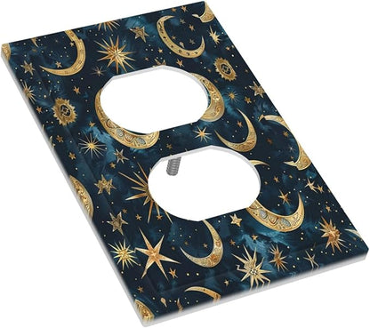 Outlet Covers Modern Abstract Sky Blue Gold Moon Sun Star 1 Gang Duplex Wall Plate Decorative Switch Plates Electrical Receptacle Faceplate Light Switch Cover for Bedroom Kids room Decor