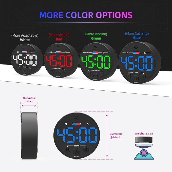 Visual Digital Timer for Kitchen, Classroom, Kids, Productivity, Magnetic Countdown Timer for Egg Cooking, Toddler, Focus, Work, Task, Small Desk with Large LED Display, Super Loud Alarm - Blue