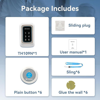 Retekess TH109N Call Button for Elderly at Home,Caregiver Pager, 850ft,Low Battery Reminder,LED Number Display, 1 Plug-in Receiver 6 Panic Buttons for Elderly at Hospital, Nursing Station