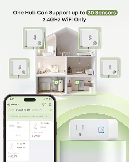 MOCREO WiFi Refrigerator Thermometer with Freezer Alarm, Email Alert, App Notification, Data Logging Export, No Subscription Fee, 2 Remote Temperature Sensor for Home Kitchen, Hot Tub