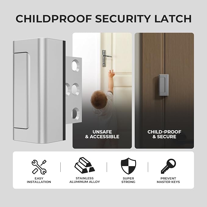 3Pack Home Security Door Reinforcement Lock Childproof, Door Locks for Kids Safety, Door Lock Latch Stopper for Front Door Inside Top of Door, Aluminum Construction Finish