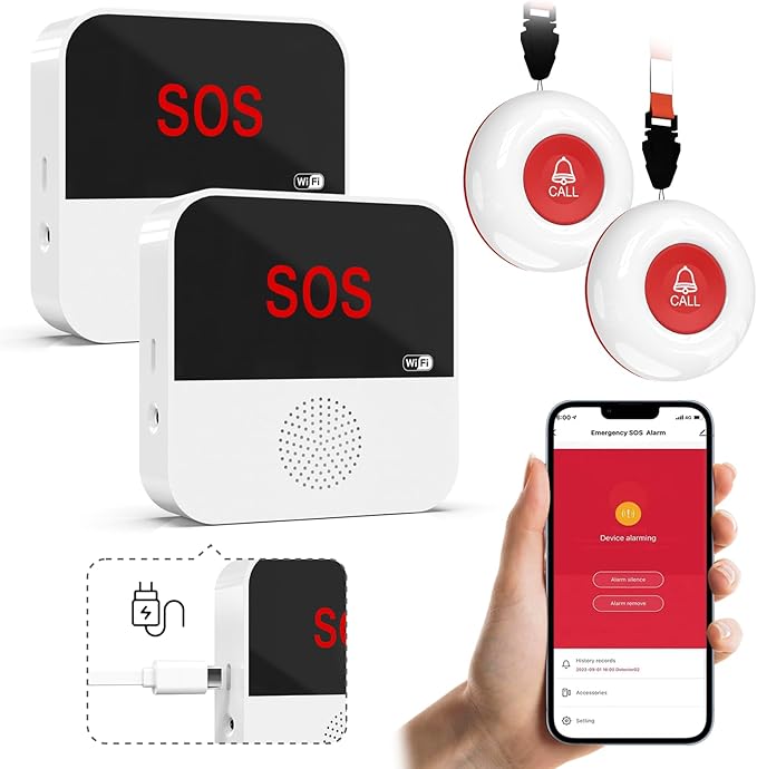 WiFi Rechargeable Smart Caregiver Pager System - Wireless Nurse Call Button with SOS Emergency Alert for Elderly, Patients, Disabled & Kids (2.4GHz WiFi Only, 2 Button + 2 Receiver)