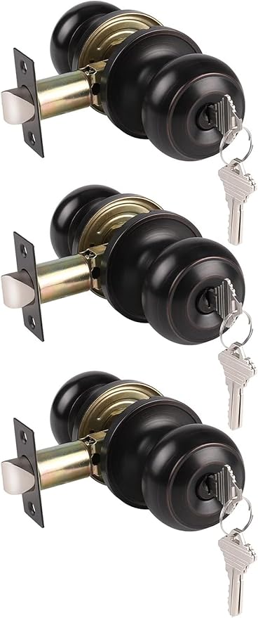 Gobrico Flat Ball Round Keyed-Alike Entry Knob for Exterior Door Oil Rubbed Bronze Finished 3Pack