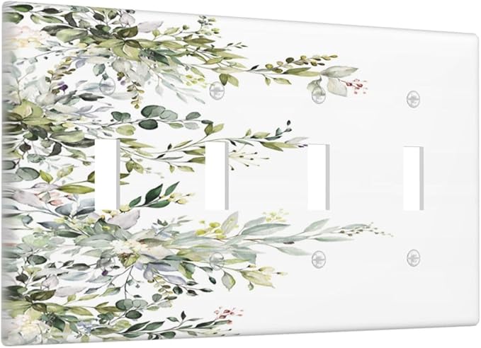 Decorative Light Switch Plate Covers Rustic Eucalyptus Leaves Green Leaf 4 Gang Light Switch Cover Quad Toggle Wall Plate Outlet Covers for Bedroom Home Decor