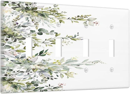 Decorative Light Switch Plate Covers Rustic Eucalyptus Leaves Green Leaf 4 Gang Light Switch Cover Quad Toggle Wall Plate Outlet Covers for Bedroom Home Decor