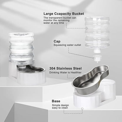 RIZZARI Gravity Water Bowl Dispenser: 4L Automatic Stainless Steel Water Feeder Without Filter - White Pet Waterer for Senior Dogs with Spine Problems - in Bedroom Garden