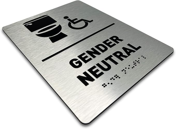 Gender Neutral Restroom Sign by GDS - ADA Compliant, Wheelchair Accessible, Raised Icons, & Grade 2 Braille - Includes Adhesive Strips for Easy Installation - Bathroom Sign, Bathroom Signs for Business, Restroom Signs for Business - 6" W x 8" H (Brushe...