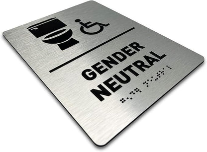 Gender Neutral Restroom Sign by GDS - ADA Compliant, Wheelchair Accessible, Raised Icons, & Grade 2 Braille - Includes Adhesive Strips for Easy Installation - Bathroom Sign, Bathroom Signs for Business, Restroom Signs for Business - 6" W x 8" H (Brushe...