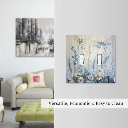 Decorative Light Switch Cover Plate Watercolor Dragonfly Blue Wihte Flower 2 Gang Outlet Covers Double Toggle Wall Plates for Electrical Outlets Switch Plate Covers Faceplate for Home Decor