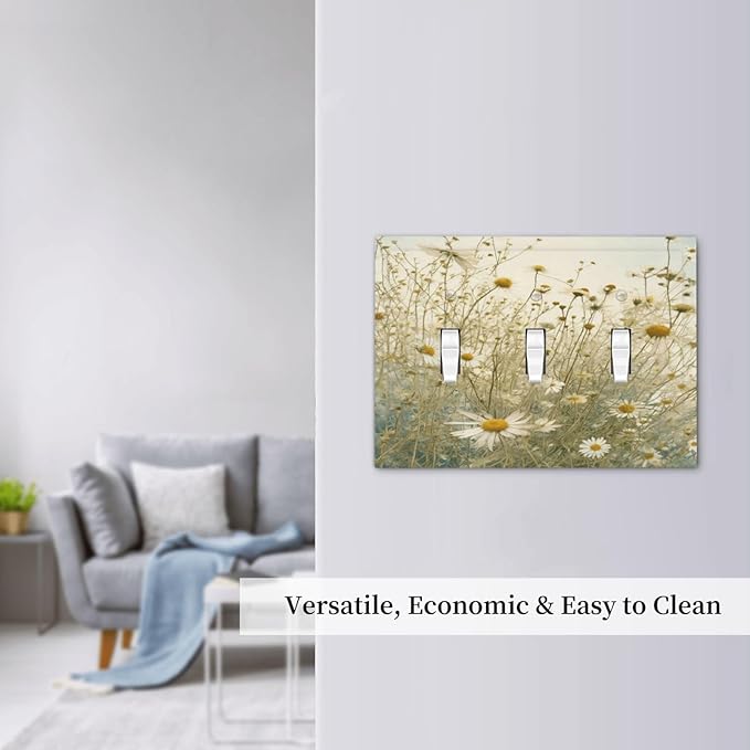 White Wildflowers Daisy Vintage Floral Decorative Switch Plates 3 Gang Wall Plate Triple Toggle Light Switch Cover Faceplate Electrical Wall Panels for Bed Room Living Room Decor
