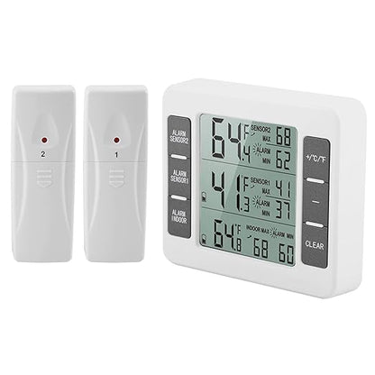 Fridge Thermometer, Digital Refrigerator Freezer Thermometer Monitor with 2 Sensors with Audible Alarm, for Indoor and Outdoor Use, Easy to Read LCD Display