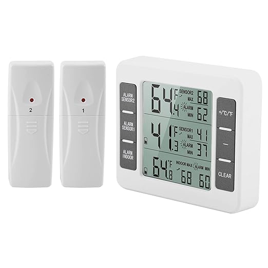 Fridge Thermometer, Digital Refrigerator Freezer Thermometer Monitor with 2 Sensors with Audible Alarm, for Indoor and Outdoor Use, Easy to Read LCD Display