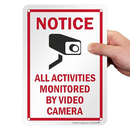 SmartSign 10 x 7 inch “Notice - All Activities Monitored By Video Camera” Metal Sign, 40 mil Laminated Rustproof Aluminum, Red, Black and White, Made in USA