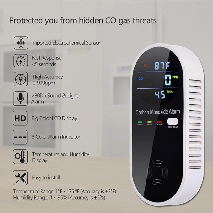 Carbon Monoxide Detector Plug in Wall, WESHLGD Portable Carbon Monoxide Detector for Travel, 3-in-1 CO Detector for Home and Travel Camping(CO Gas Meter Temperature Humidity Sensor), KH106, Black