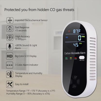 Carbon Monoxide Detectors, Plug in Type CO Alarm Monitor with Clear LCD Display, 3-in-1 Carbon Monoxide Detector (CO, Temperature and Humidity Display), Easy to Read & Install, KH106, Black