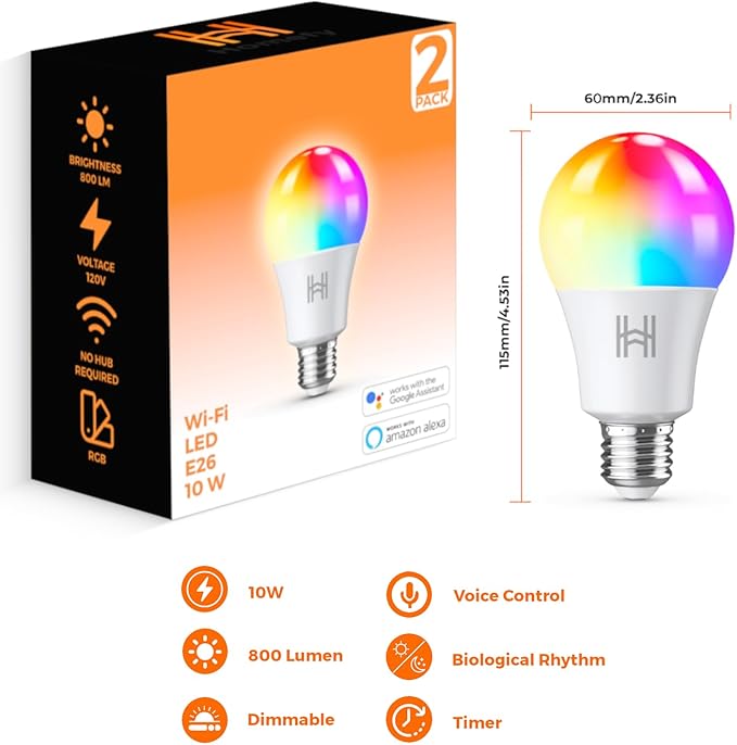 Smart Light Bulbs 2 Pack, A19 Color Changing LED (800 Lumens), WiFi & Bluetooth, Music Sync, Compatible with Alexa & Google Assistant, No Hub Needed, 16 Million Colors