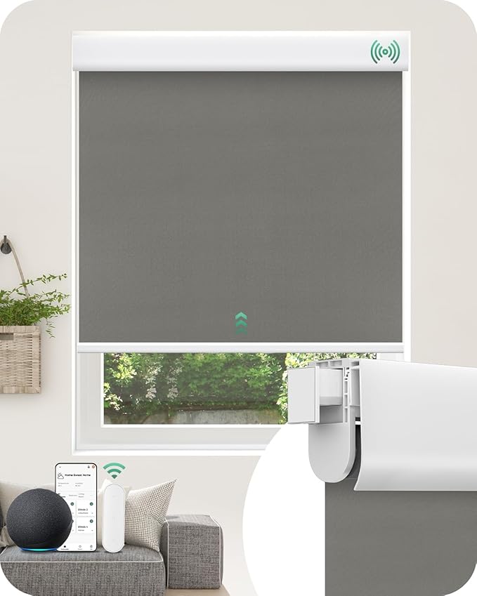 Allesin No Drill Motorized Roller Blinds – Rechargeable Electic Blackout Shades with Cassette Cover, Utral-Quiet Motor, Automatic Blind with Remote for Indoor Windows (Smoky Gray, 35" W x 72" H)