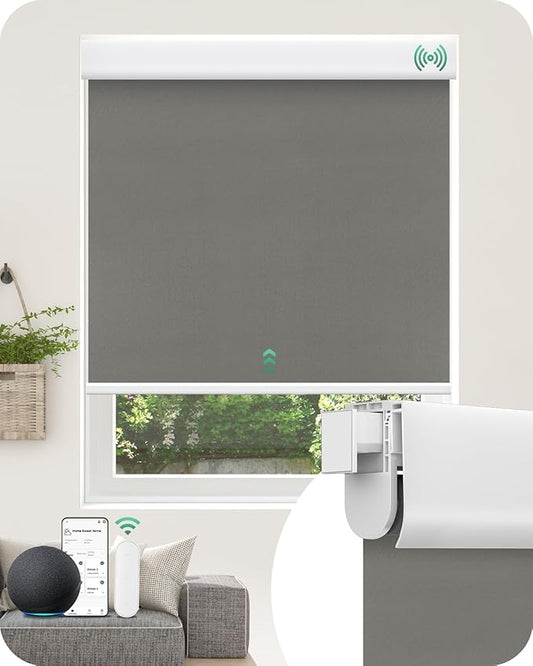 Allesin No Drill Motorized Roller Blinds – Rechargeable Electic Blackout Shades with Cassette Cover, Utral-Quiet Motor, Automatic Blind with Remote for Indoor Windows (Smoky Gray, 46" W x 72" H)