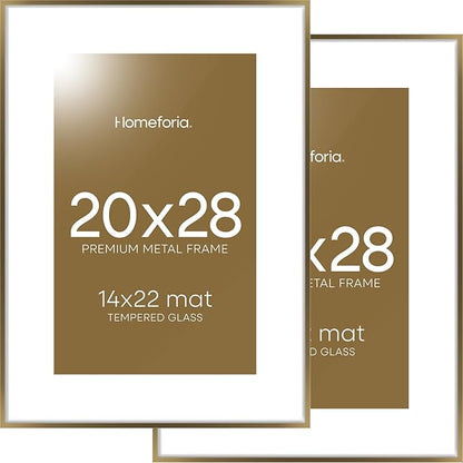 Homeforia Picture 20x28 Bronze Frame, High End Metal 20 x 28 Brass Poster Frames with Mat 14 x 22 for Photo, 20x28 Frame Matted to 14x22 Print, 28x20 Hanging Frames, Tempered Glass, Wall Kit, Set of 2