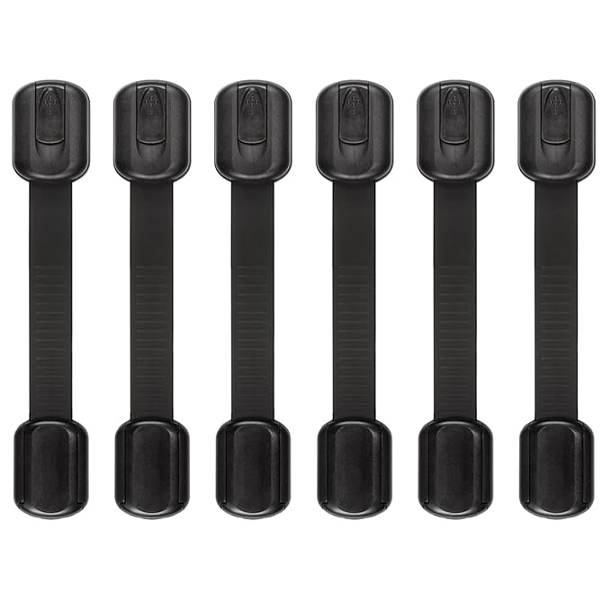 Child Safety Strap Locks (6 Packs) Baby Lock for Drawers, Refrigerators, Dishwashers, Toilet Seats, Cabinets, Ovens, Trash Cans, etc. Easy to Install, No Drilling Required, 3M Adhesive Pads (Black)