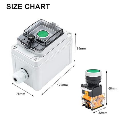 IP67 Button Switch Outdoor Waterproof Box Green Self-Locking Junction Box Button with Protective Cover Anti-misoperation Switch(AC/DC 6A-110V/3A-240V/2.5A-380V)